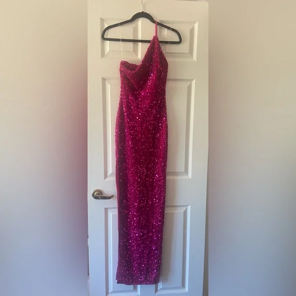 fitted lace wedding dress ZAPAKA Women Sequin Prom Dress Hot Pink Strapless Mermaid Party Dress with  Slit main image 0